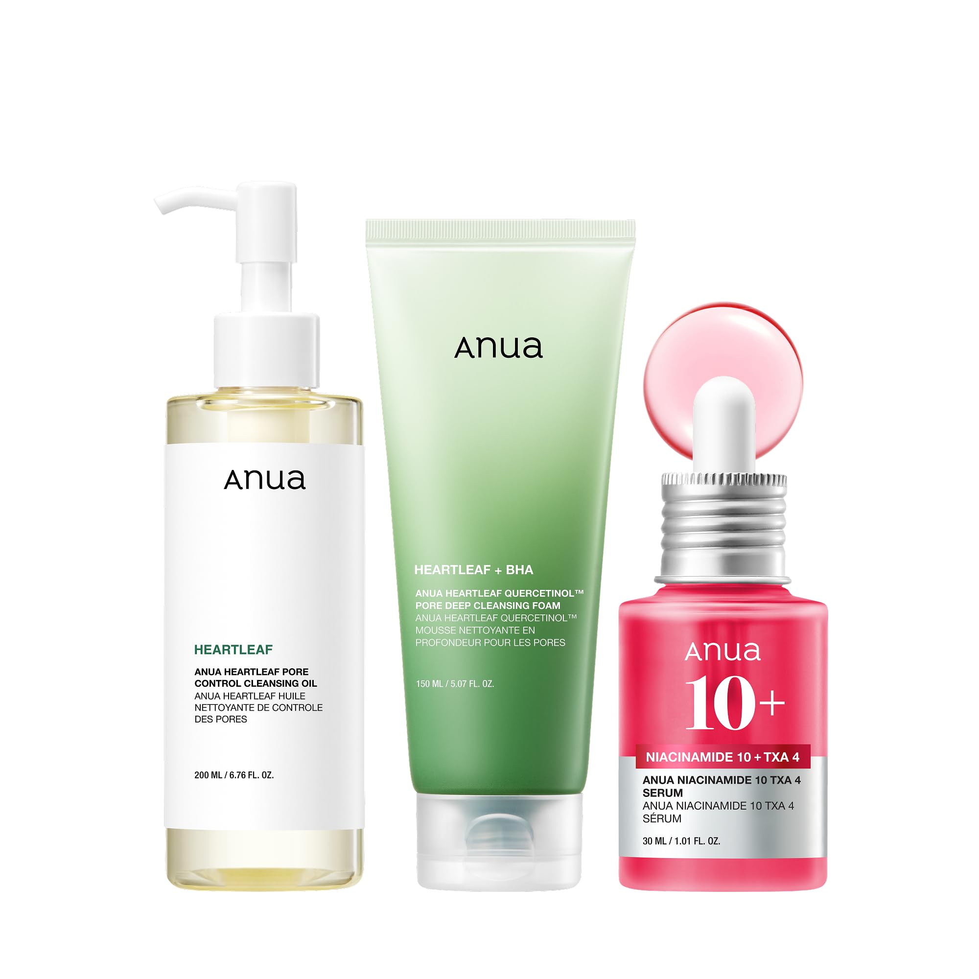 Anua 3-Step Glass Skin Beginner Kit | Oil Cleanser and Face Wash with Facial Serum, Double Cleansing Daily Routine with Niacinamide, Korean Skincare
