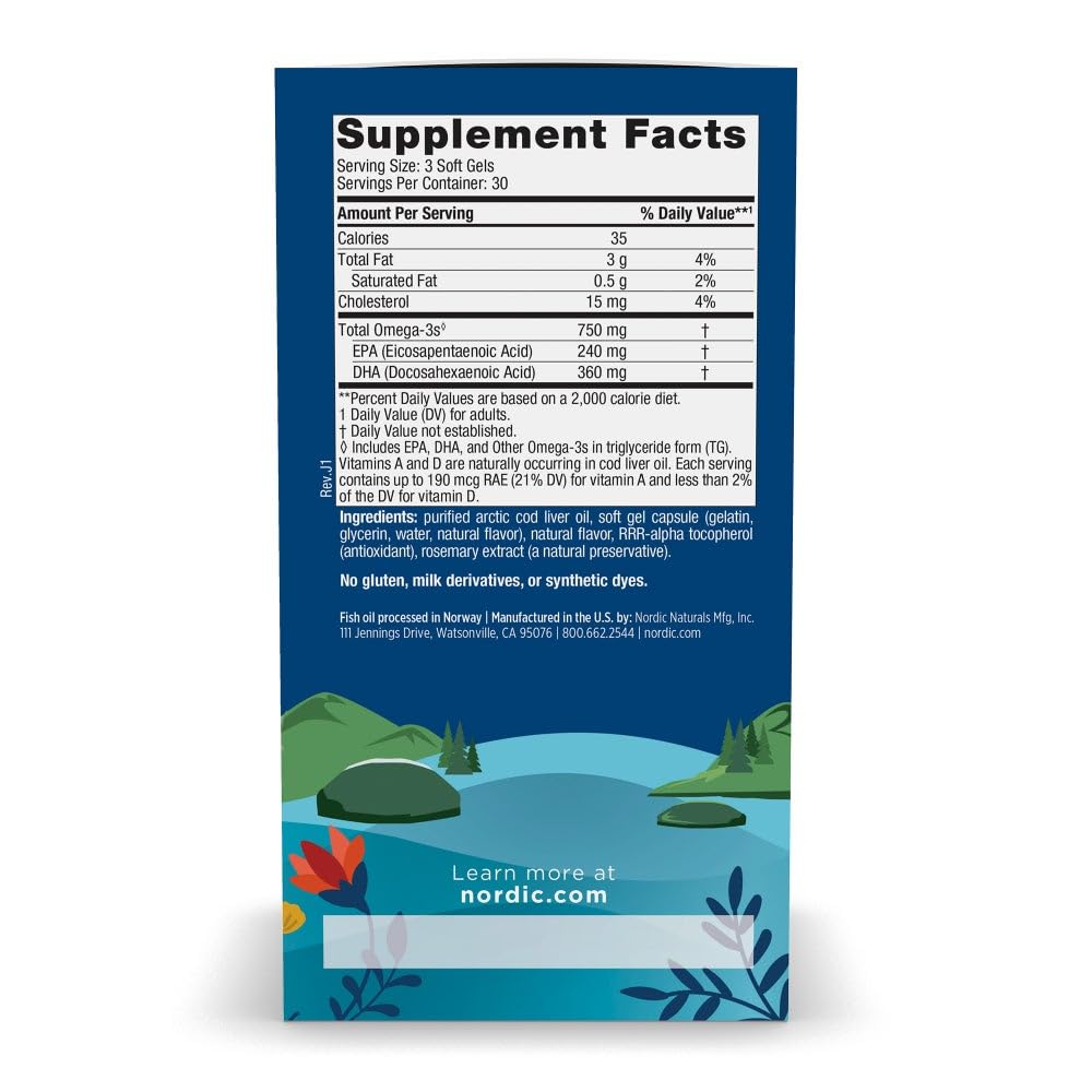 Nordic Naturals Arctic Cod Liver Oil with EPA & DHA, Lemon - 90 Softgels | 750mg Total Omega-3s per serving. Heart & brain health, immunity support. Overall Wellness. Non-GMO. 30 servings. 2 per day.