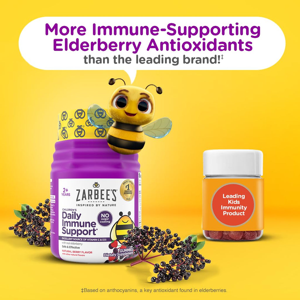 Zarbee's Kids Elderberry Immune Support Gummies, No Sugar Coating, 60 ct | For Ages 2+ Years, No Sugar Coating, Vitamins C D3 & Zinc, Elderberry, Supports Healthy Immune System, No Artificial Flavors