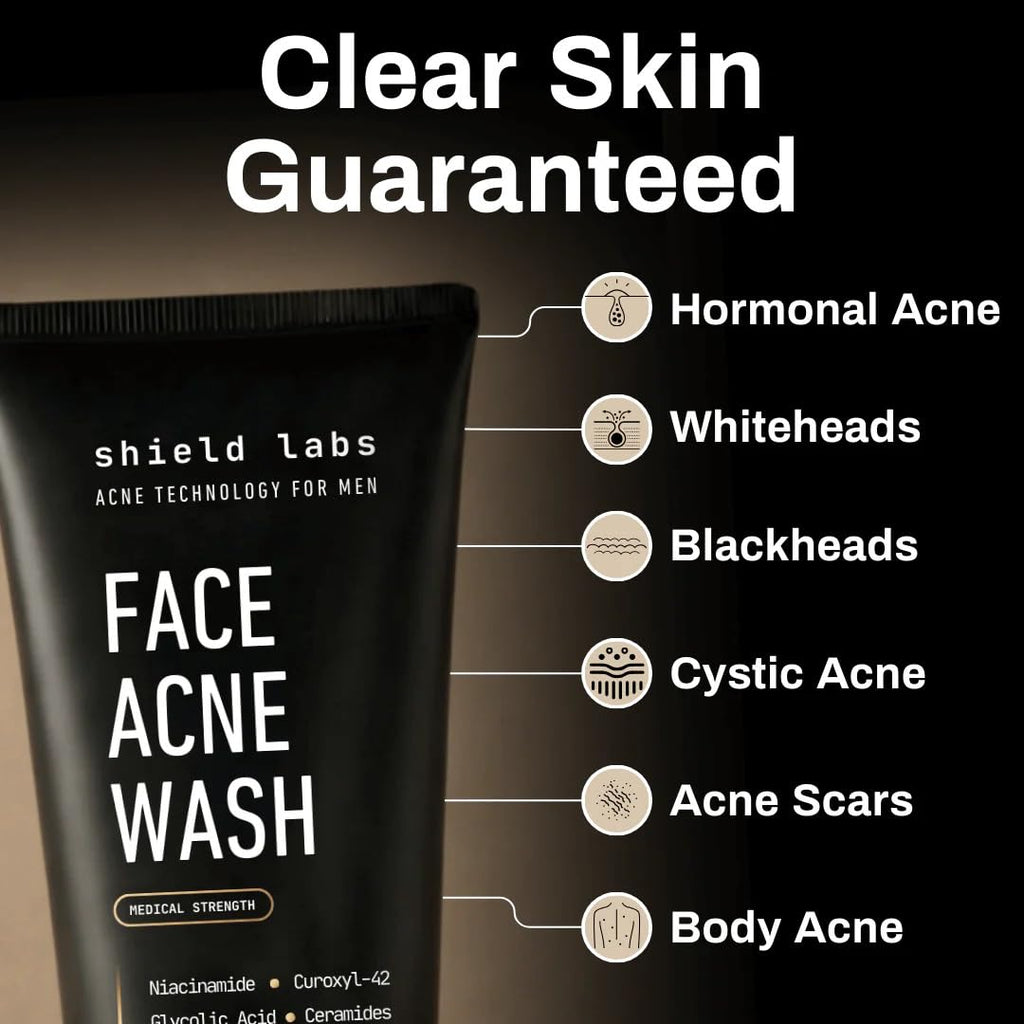 Shield Face Acne System for Men and Boys, Easy 3-Step Clear Skin Kit with 4% Benzoyl Peroxide Face Wash, Adapinoid Spray and Manuka Honey Moisturizer, Clears Breakouts and Balances Oily Skin