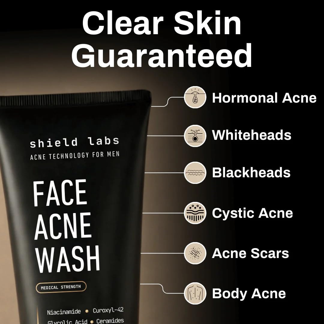 Shield Face Acne System for Men and Boys, Easy 3-Step Clear Skin Kit with 4% Benzoyl Peroxide Face Wash, Adapinoid Spray and Manuka Honey Moisturizer, Clears Breakouts and Balances Oily Skin
