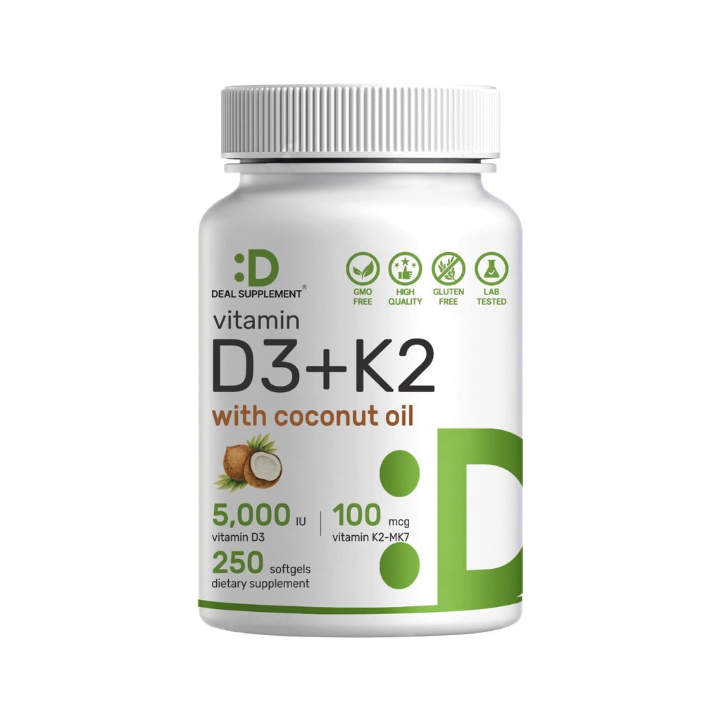 DEAL SUPPLEMENT Vitamin D3 5,000 IU + K2 MK7 100mcg Softgels | 2-in-1 Complex with Virgin Coconut Oil | Supports Heart, Bone, Teeth & Immune Health | Easy to Swallow