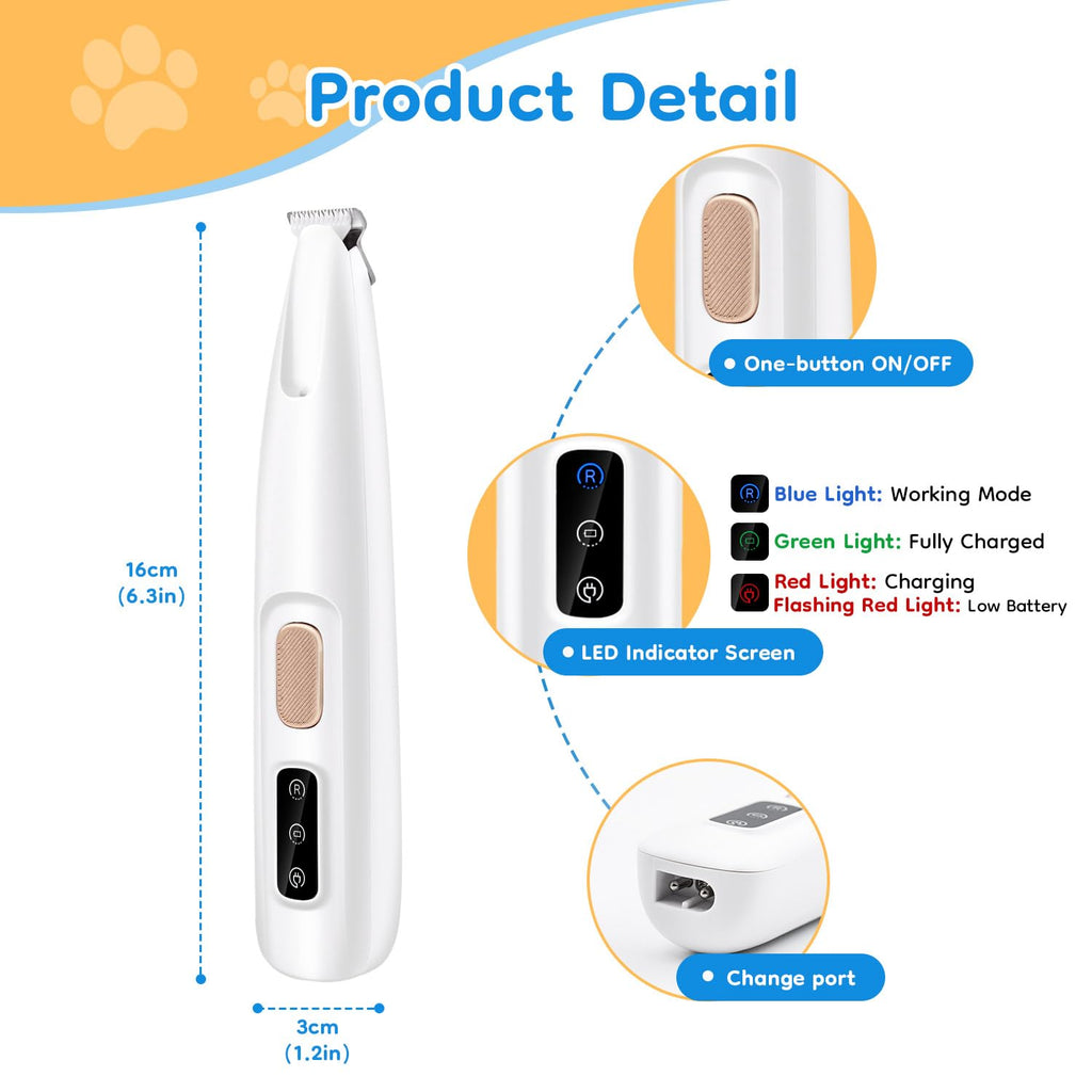 Mcbazel Pet Micro Precision Trimmer, Multifunctional Pet Hair Trimmer Waterproof Rechargeable Shaver with LED Light for Paws Eyes Ears Face Buttocks for Small Dogs and Cats，50dB Quiet Shave.