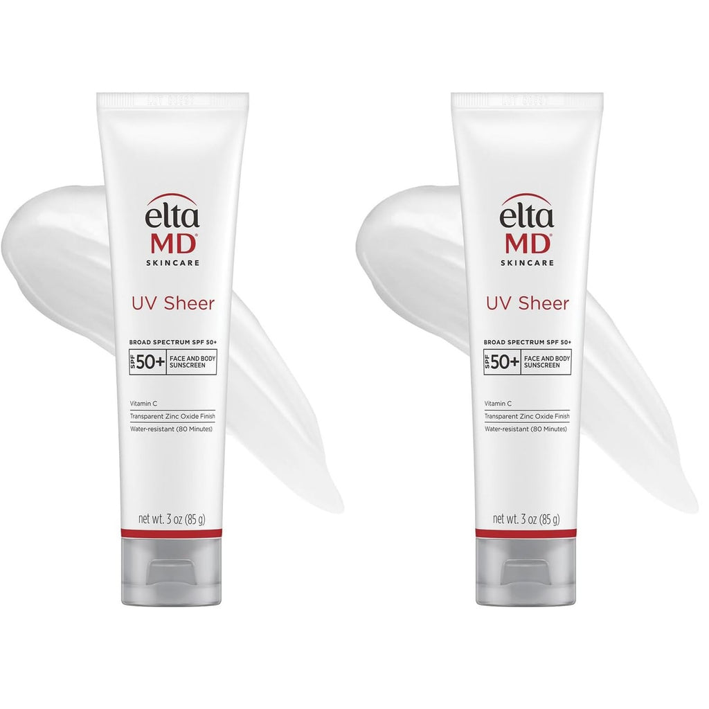 EltaMD UV Sheer Face and Body Sunscreen SPF 50+,Oil Free,No White Cast Sunscreen for Face and Body,Zinc Oxide Formula,3.0 oz Tube,(Pack of 2)