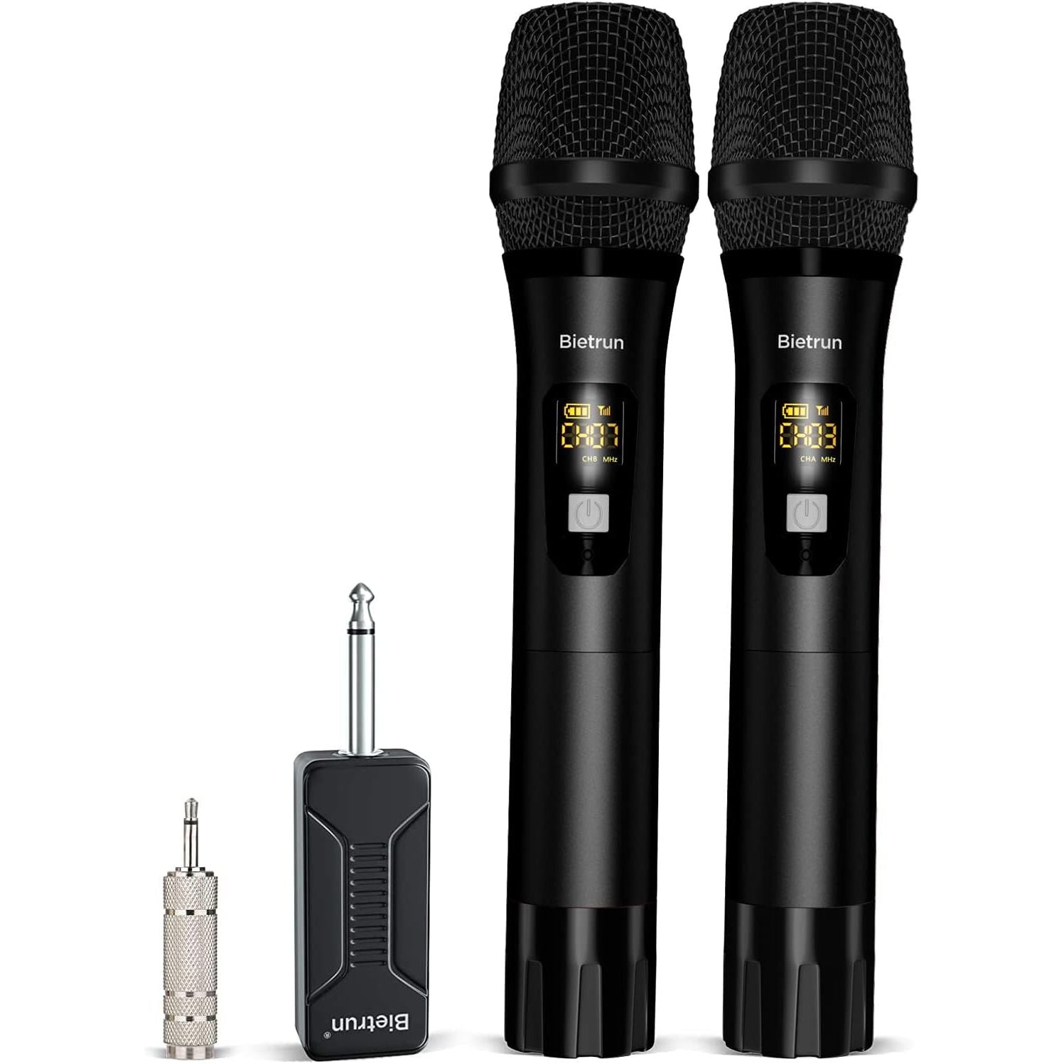 Buy now Bietrun Wireless Microphone, Professional UHF Metal Dual Handheld Cordless Dynamic Mic System Set with Rechargeable Receiver, 1/4‘’Output, Plug and Play, Instrument-Wireless-Mics for Karaoke, Wedding Black at indiglob india