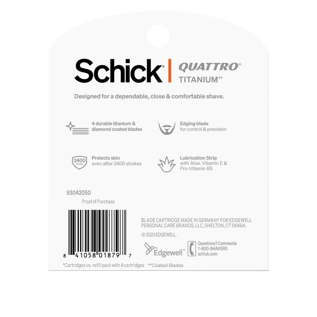 Schick Quattro Titanium 4-Blade Mens Razor Blades Refills, 8ct | Titanium-coated 4-blade razors for men, Smooth-gliding lubricating strip, Pivoting head contours face, Precision edging tool