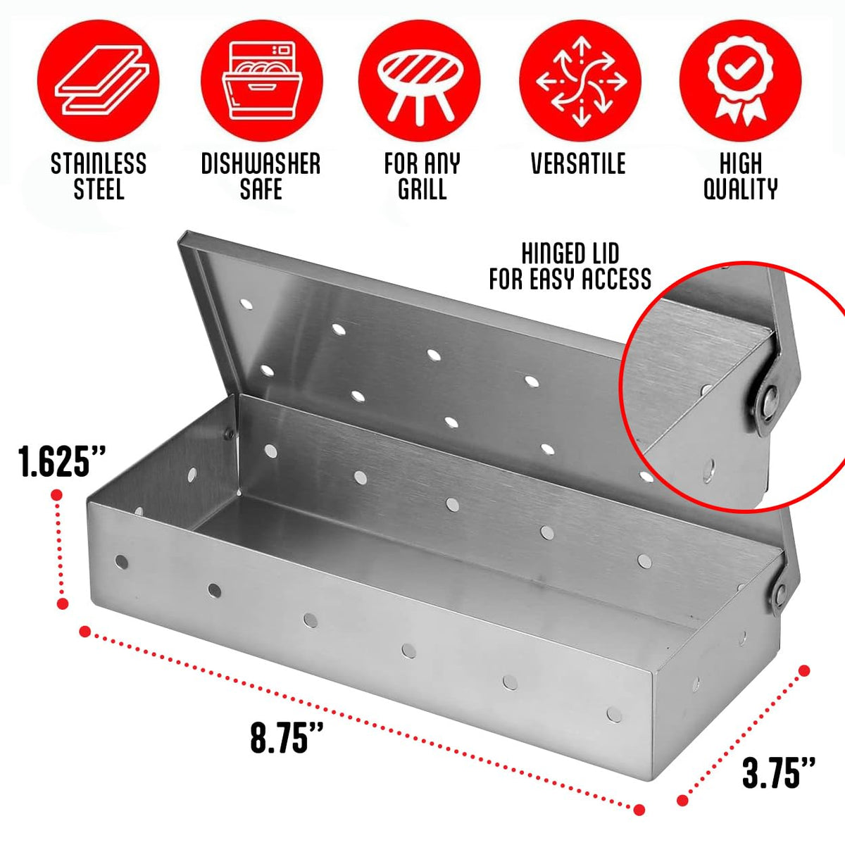 Kaluns Universal Stainless Steel Smoker Box, Gas or Charcoal Grill Smoke Box, Works with Wood Chips, add Delicious Smoked Flavor, Hinged Lid,Warp Free Grill Accessories