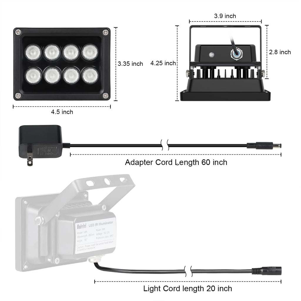 Buy now Univivi IR Illuminator 90 Degree Wide Angle 8-LEDs IR Infrared Light 850nm Infrared Illuminator for Night Vision IP67 Waterproof Outdoor for Security Cameras at indiglob india