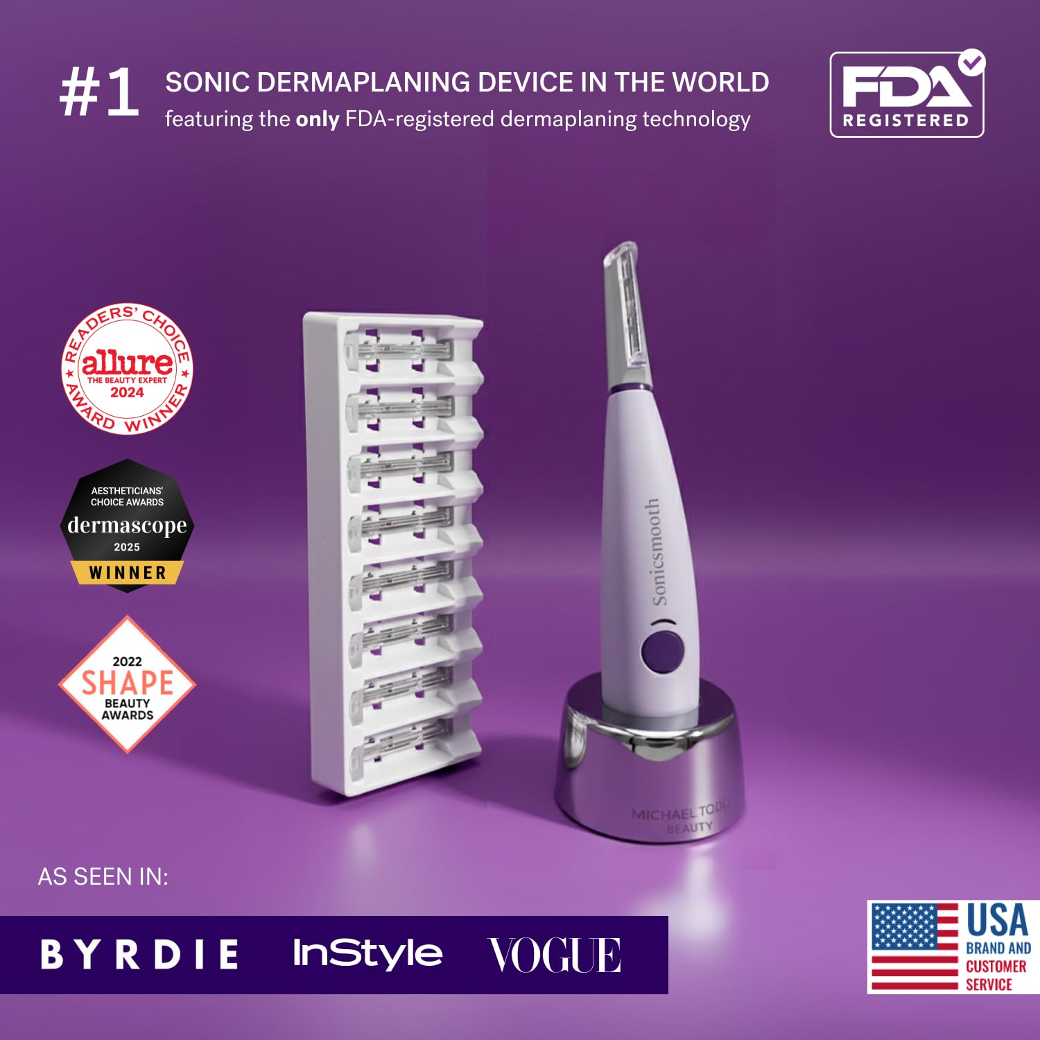 Michael Todd Beauty Sonicsmooth Dermaplane Razor for Women Face | Dermaplaning System + Eyebrow Trimmer, Peach Fuzz Remover, 8 Weeks of Dermaplaning Blades, 3-Year Warranty