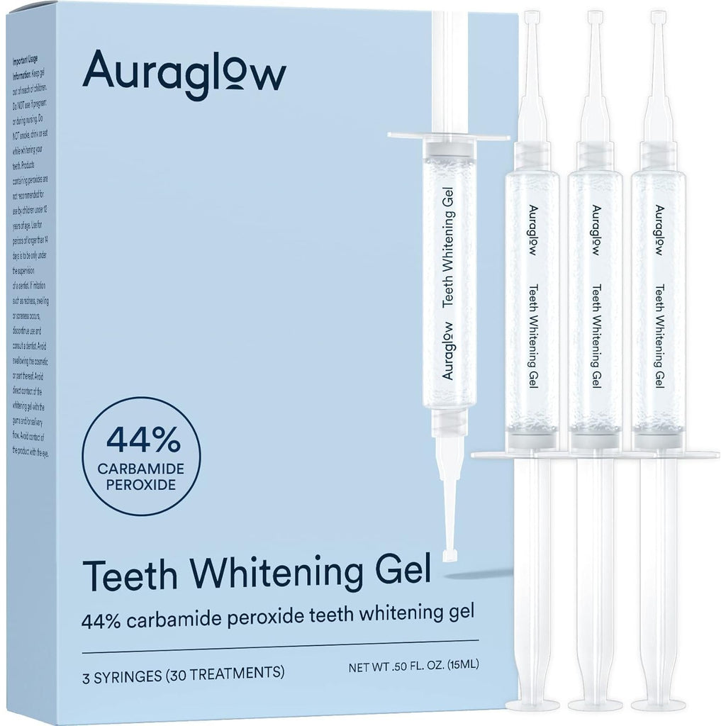 Buy now AuraGlow Teeth Whitening Gel Syringe Refill Pack, 44% Carbamide Peroxide, (3X) 5ml Syringes, 30 Treatments at indiglob india