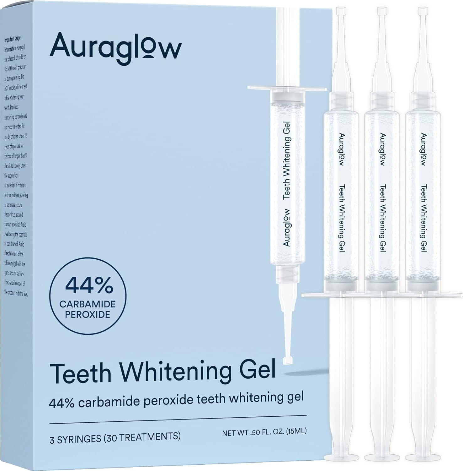Buy now AuraGlow Teeth Whitening Gel Syringe Refill Pack, 44% Carbamide Peroxide, (3X) 5ml Syringes, 30 Treatments at indiglob india