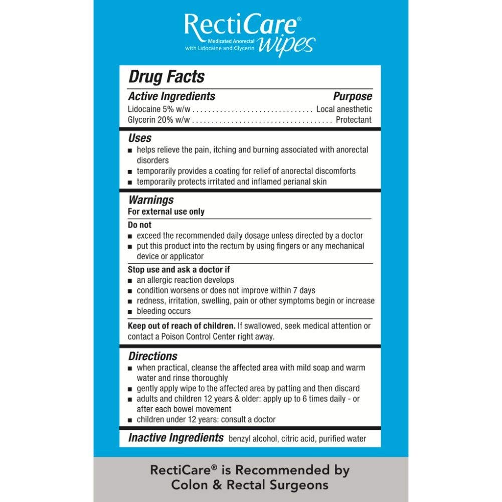 RectiCare Medicated Anorectal Wipes, 5% Lidocaine, 12 Pack