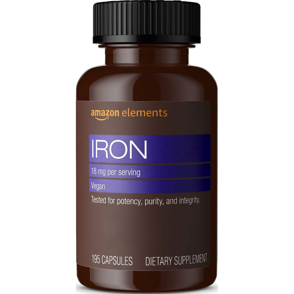 Amazon Elements Iron 18mg Capsules, Supports Red Blood Cell Production, Vegan, 195 Count, 6 month supply (Packaging may vary)