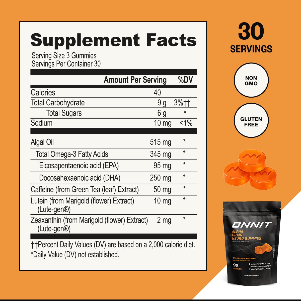 ONNIT Alpha Brain Neuro Focus Gummies, Omega-3 Brain & Eye Support, 90 Ct | IGEN Non-GMO Tested vegan gummies; Omega-3s, Lutein, Zeaxanthin & caffeine; brain, eye & focus support for men & women