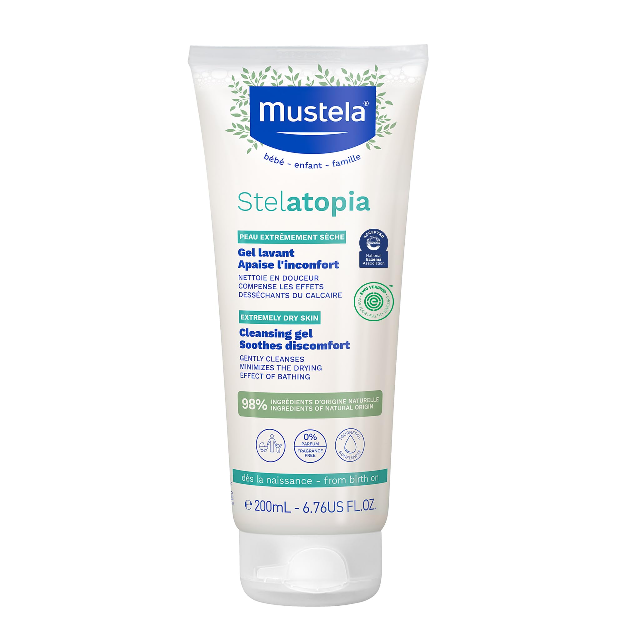 Mustela Stelatopia Eczema-Prone Skin Cleansing Gel - Baby Face & Body Wash with Natural Avocado & Sunflower Oil - Fragrance-Free & Tear Free