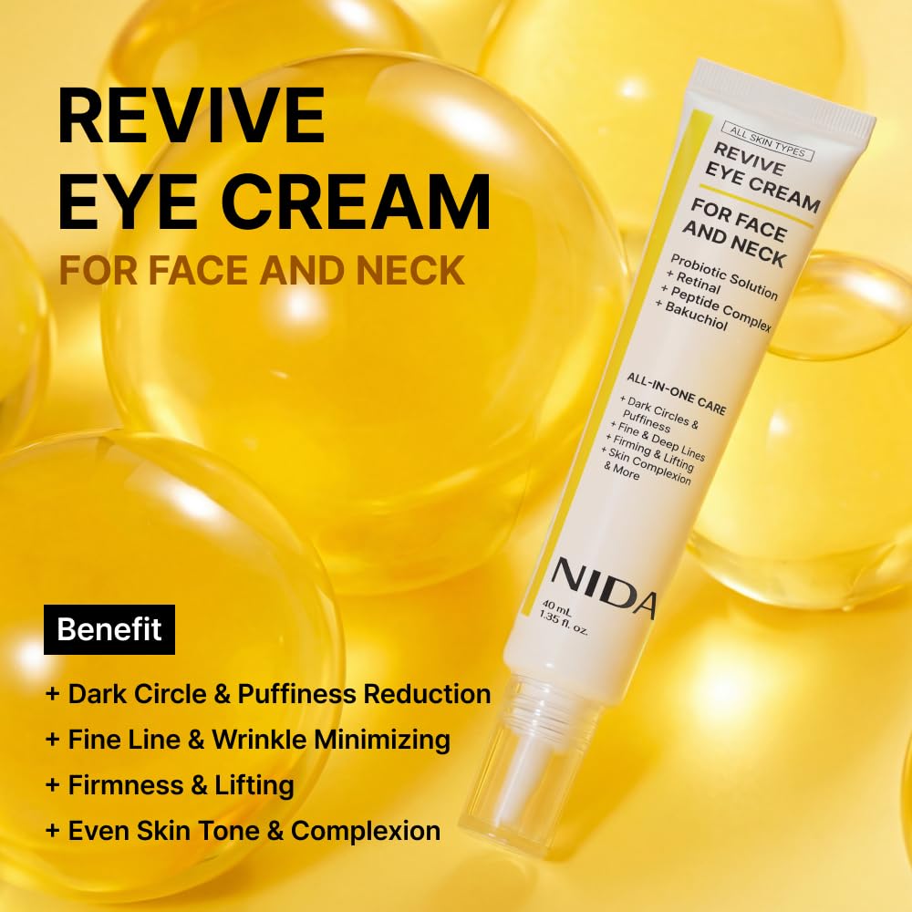 NIDA Revive Eye Cream For Face And Neck | Probiotics Lystate Solution, Retinal, Peptide Complex, Bakuchiol | Wrinkles, Fine Lines, Cell Turnover, Firm Skin Texture, Radiant Skin | 1.35 fl. oz., 40ml