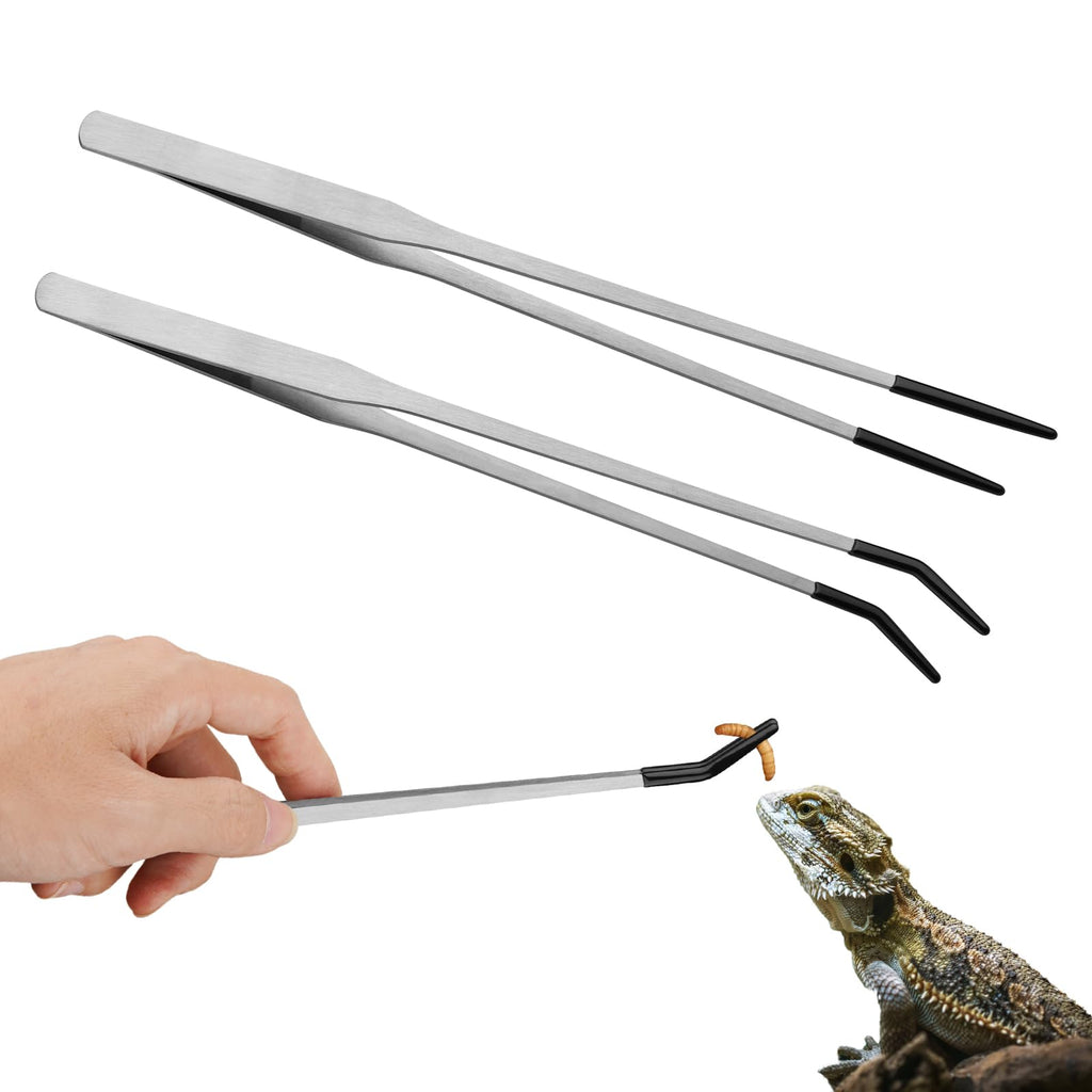 Novery 2PCS 10.6" Rubber Tip Reptile Feeding Tongs, Straight & Curved