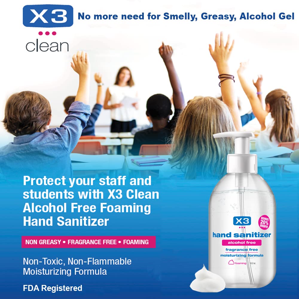 X3 Clean Foaming Hand Sanitizer, Alcohol Free, Fragrance Free, Moisturizing, 10.2 oz Pump Bottles (Pack of 3)