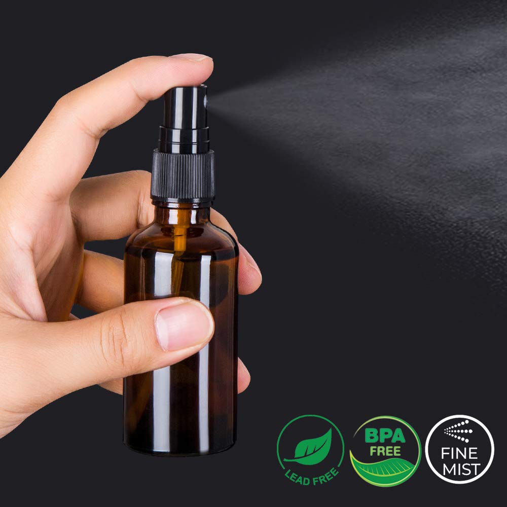2oz Amber Glass Spray Bottles for Essential Oils, Set of 3 | Small, Travel, Mini, Empty, Fine Mist, for Facial, Cosmetic, Perfume, Hair Care, Room, Refillable, Leakproof, UV protection