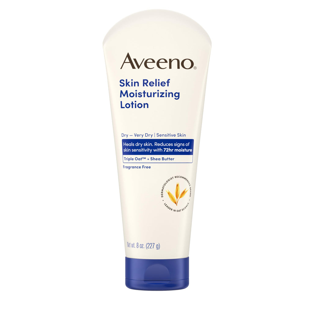 Aveeno Skin Relief Moisturizing Body Lotion Heals Very Dry, Sensitive Skin, Fast Absorbing Lotion with Soothing Triple Oat & Shea Butter Formula, Fragrance Free Lotion, Non-Comedogenic, 18 Fl Oz