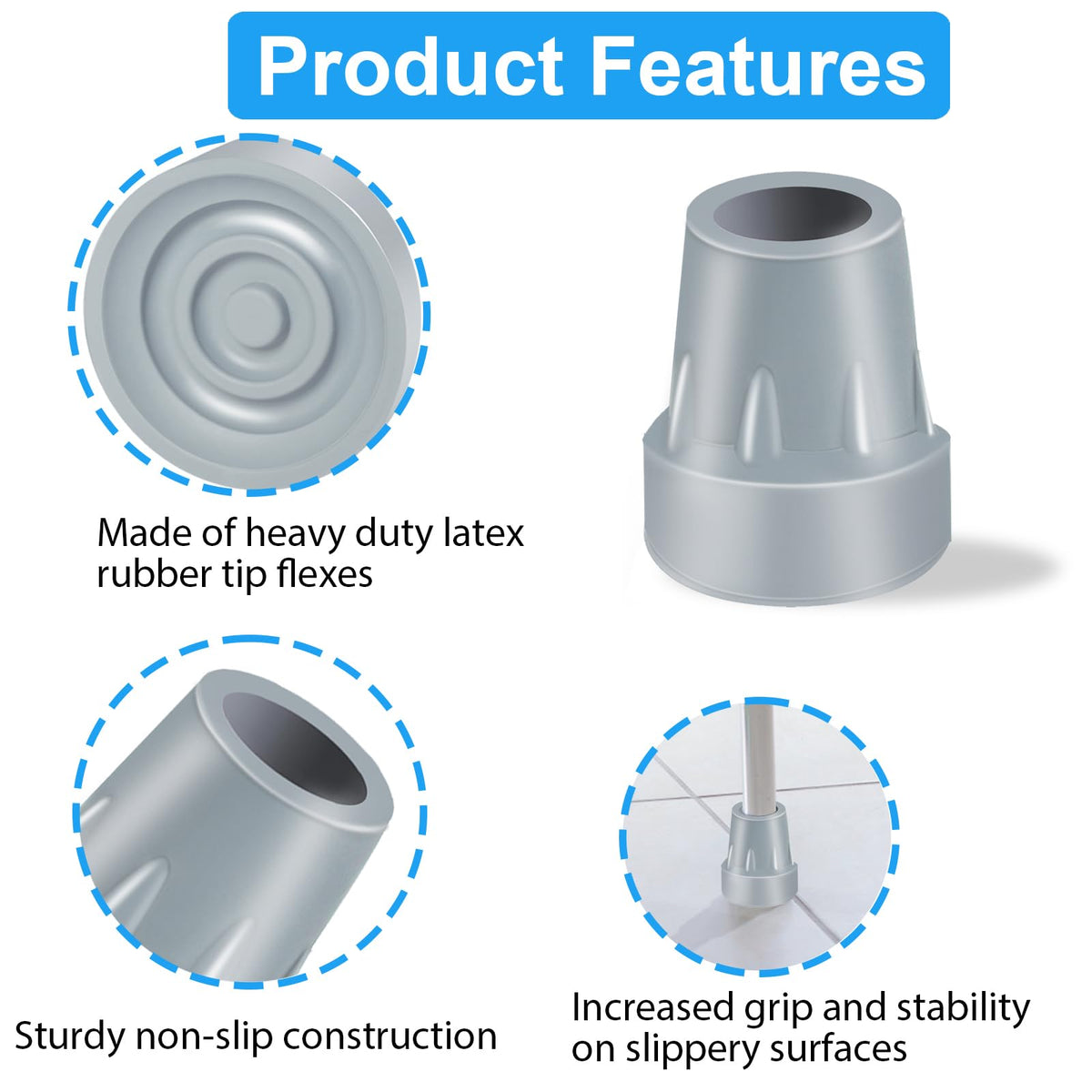 Crutch Tips, 2 Pack 7/8 inch Heavy Duty Replacement Cane Tips Rubber Crutch Tips for Walking Canes, Walking Sticks, Gray