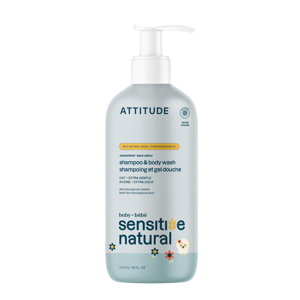 ATTITUDE Baby Shampoo & Body Wash, Unscented, for Sensitive Skin, 16 Fl Oz