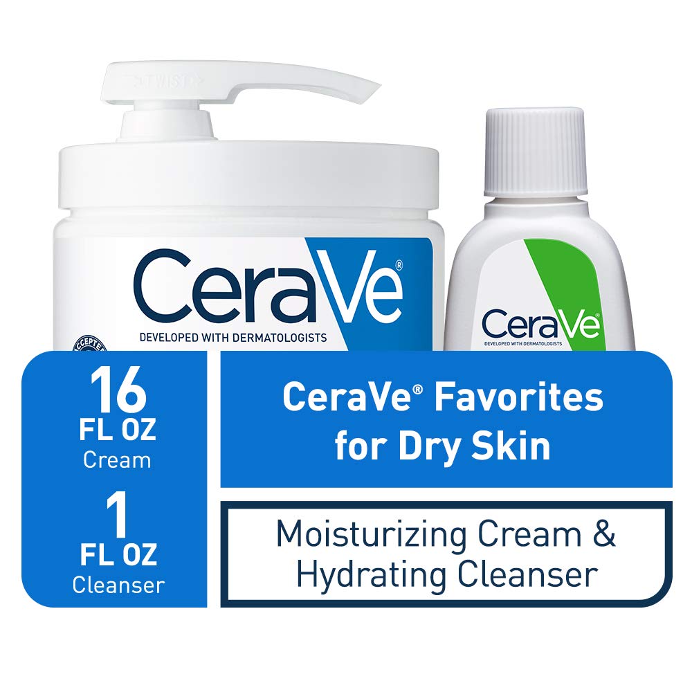CeraVe Moisturizing Cream & Hydrating Facial Cleanser Set for Dry Skin | Travel Essentials Combo Pack with 1oz Cleanser and 16oz Cream with Pump For Dry Skin Relief