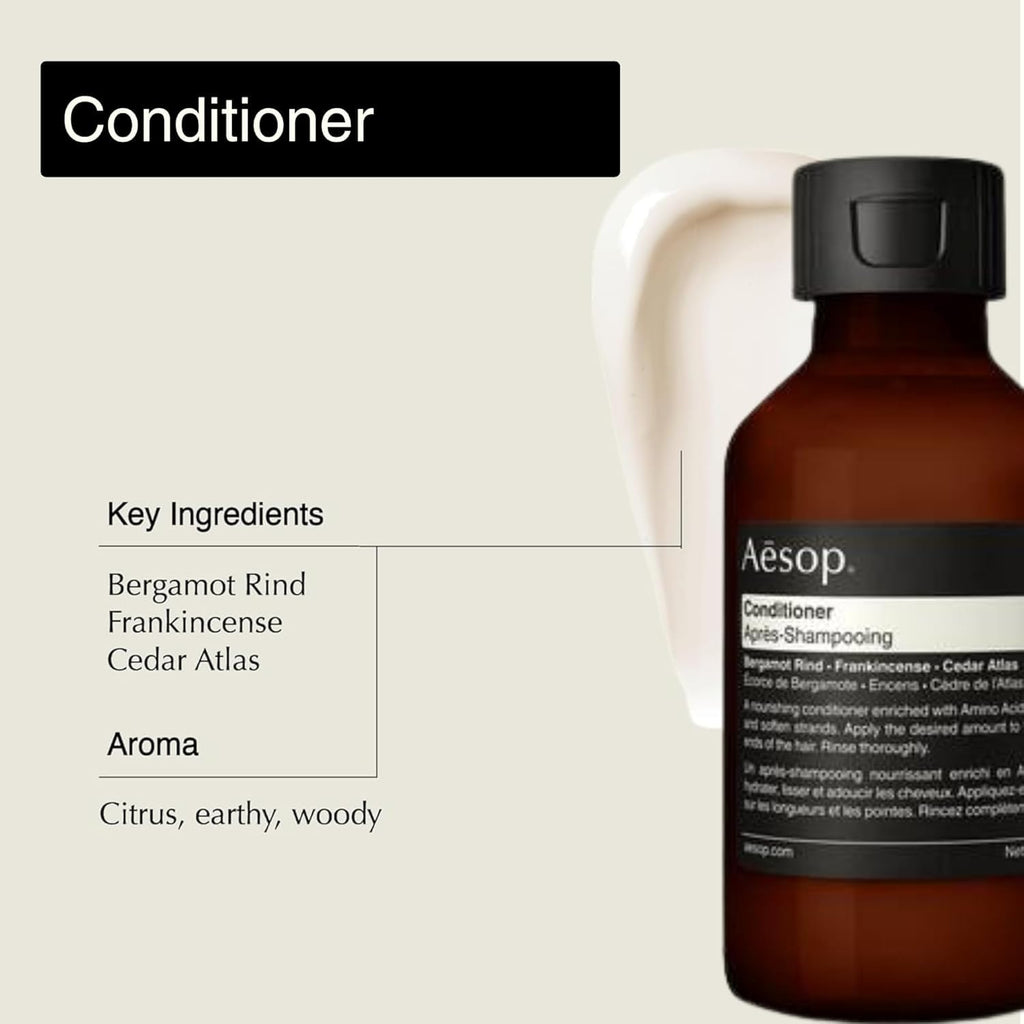 Aesop Arrival Travel Shower Set (4-Piece) Hair & Body Care Kit – Shampoo, Conditioner, Geranium Leaf Body Cleanser & Rind Concentrate Body Balm – 1.7oz/50mL Each – Gift Set with Reusable Canvas Bag