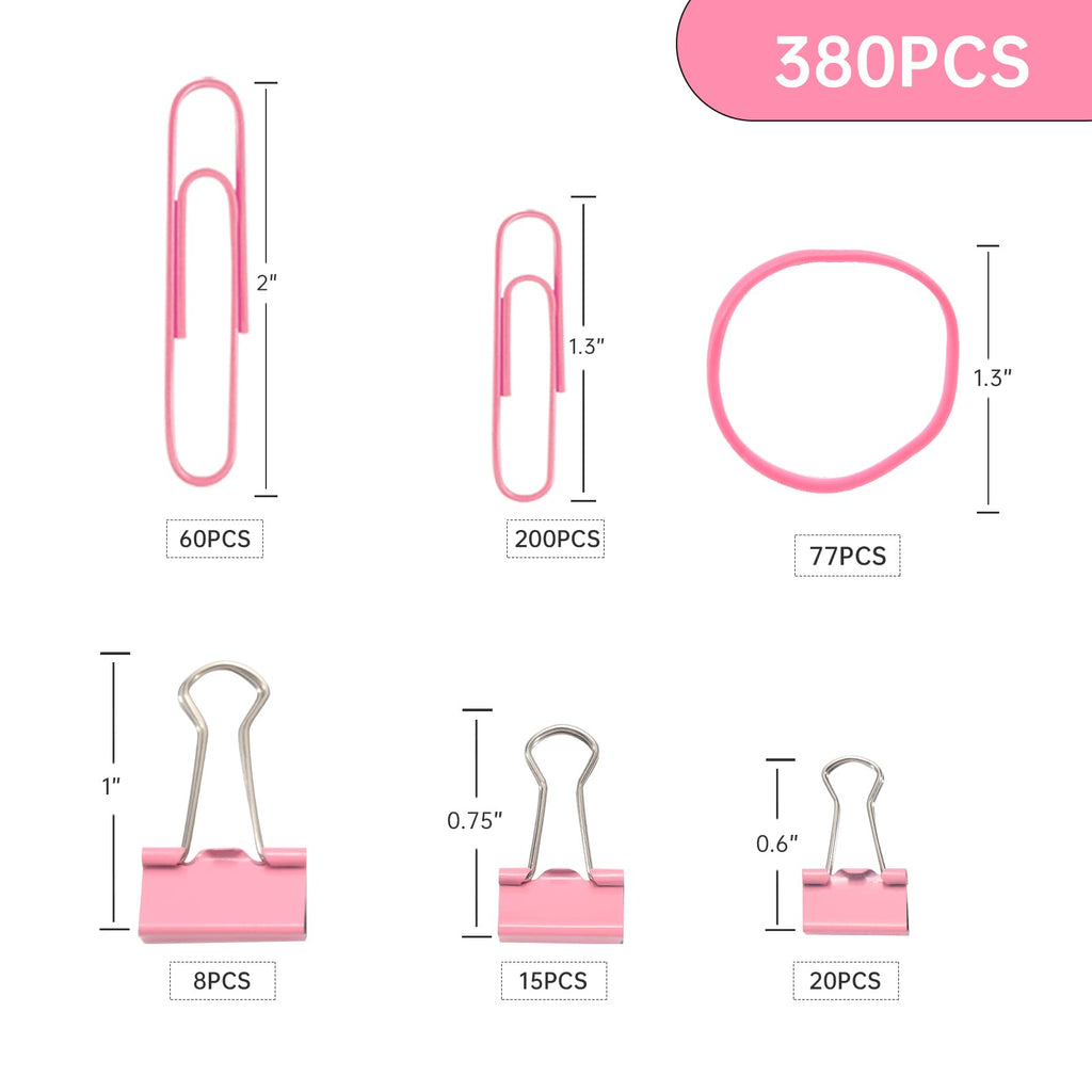 Pink Binder Clips Paper Clips,380 PCS Assorted Sizes Paperclips