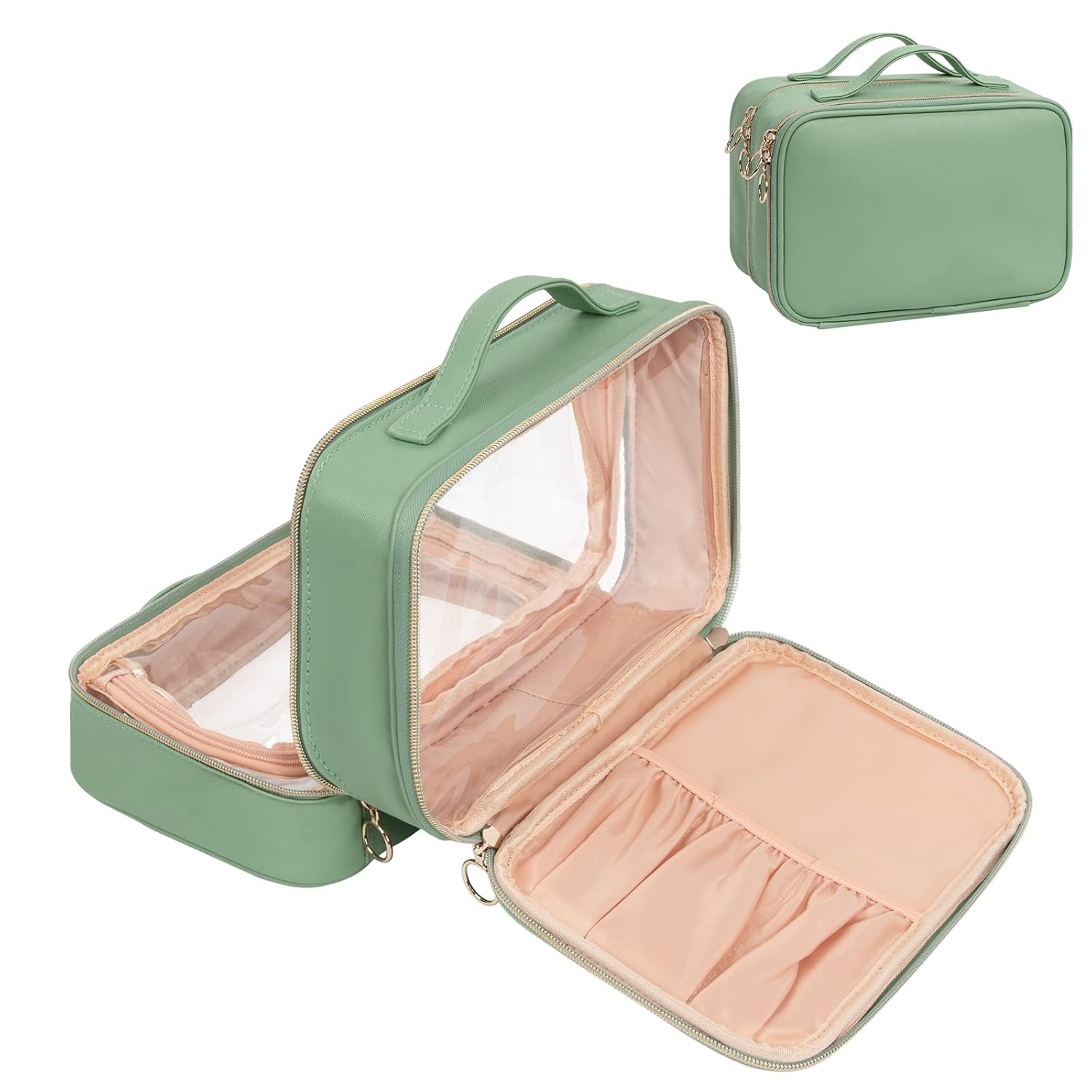 Buy now OCHEAL Makeup Bag, Double Layer Cosmetic Bag, Large Capacity New Look Clear Cosmetic Case for Women Travel Beauty Essentials, Multiple Compartments Makeup Case Organizer Zipper Pouch -Black Large 03_Green at indiglob india