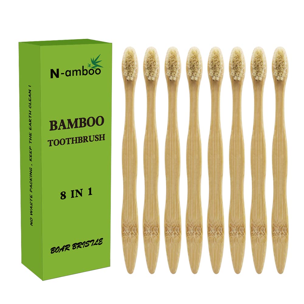Bamboo Toothbrush Boar Bristles 100% Biodegradable and Natural 8 Pieces of One Pack