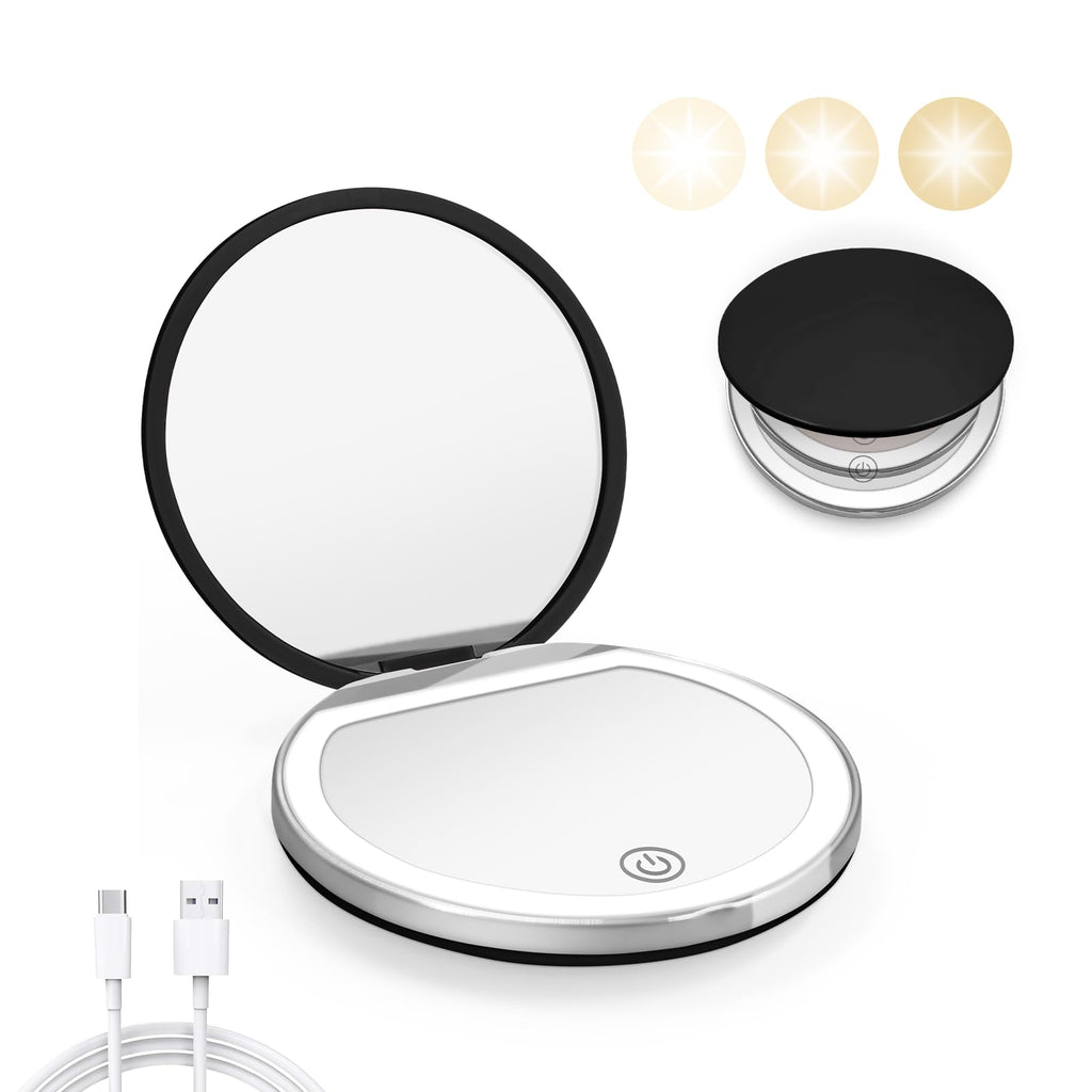 Black Compact Mirror with Light, 1X/3X Magnification LED Pocket Mirror | USB Data Cable, Mini, Purse, Pocket, Travel, Gift, makeup, mini, women, essentials, LED, fiberglass