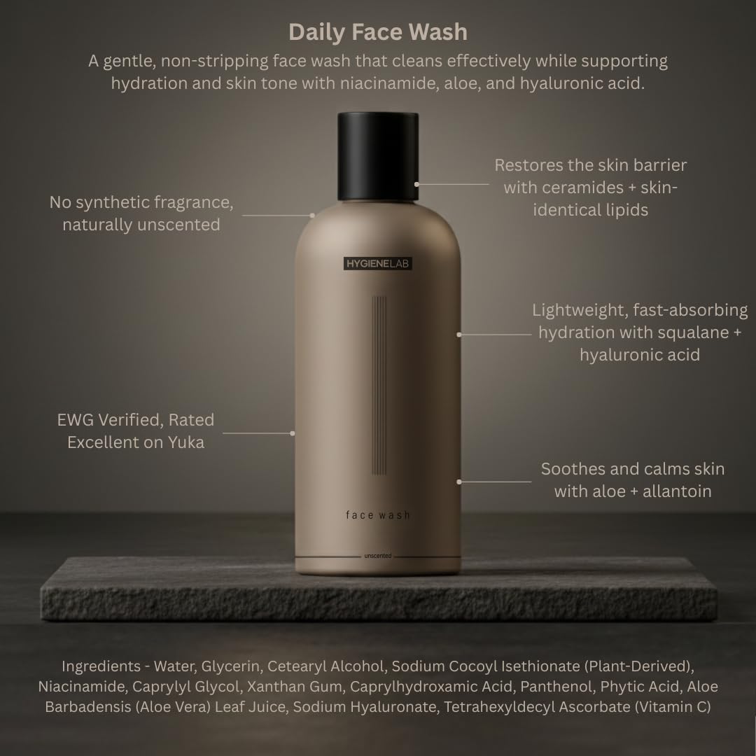 HygieneLab Face Wash – EWG Verified, Gentle & Hydrating Cleanser with Aloe, Niacinamide & Vitamin C, Removes Dirt Without Stripping Skin (5 fl oz)