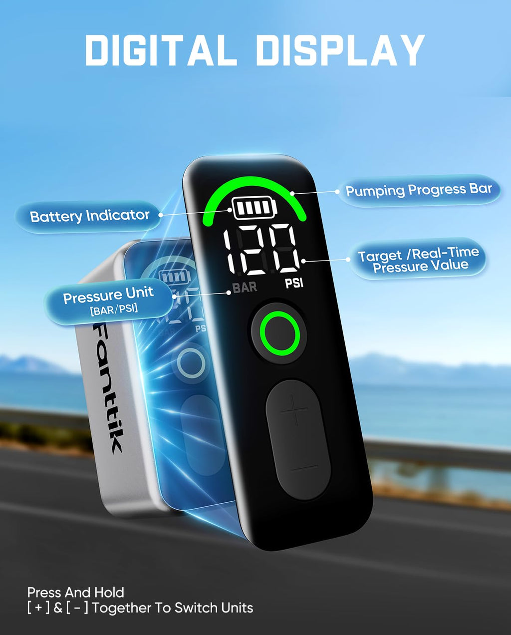 Fanttik X10 Ace Tiny Electric Bike Pump, 120PSI, 22s Inflate, Auto Stop