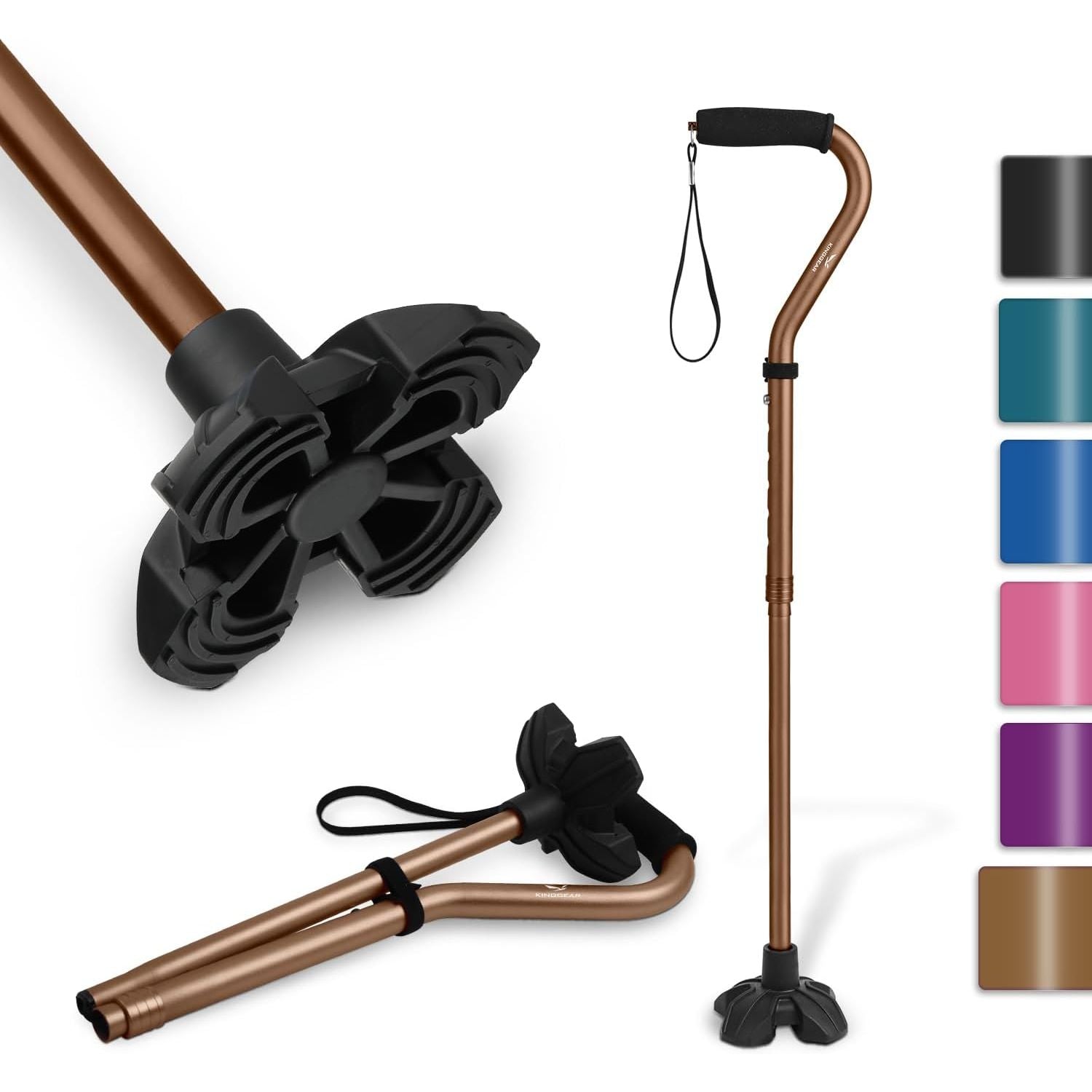 Buy now KINGGEAR F1 Walking Stick, Walking Cane for Women & Men, Self Standing Walkers for Seniors with Wrist Strap, Lightweight & Sturdy Offset EVA Handle and Large Quad Base Bronze at indiglob india