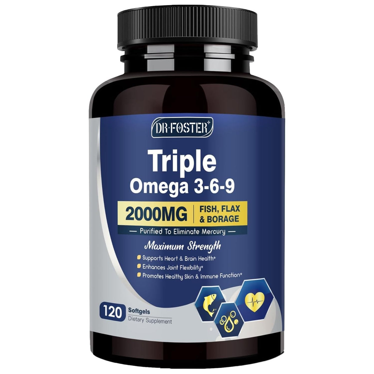 DRFOSTER Triple Omega 3-6-9 Fish Oil 2000mg with Vitamin E, 120 Softgels