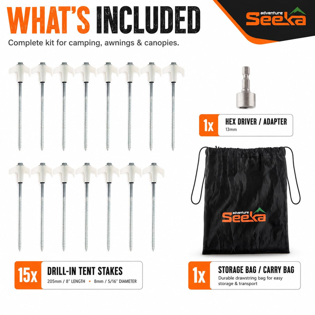 15-Pack 8" Heavy Duty Screw in Tent Stakes, Drill-In Ground Anchor Pegs, Includes Hex Head Driver & Storage Bag