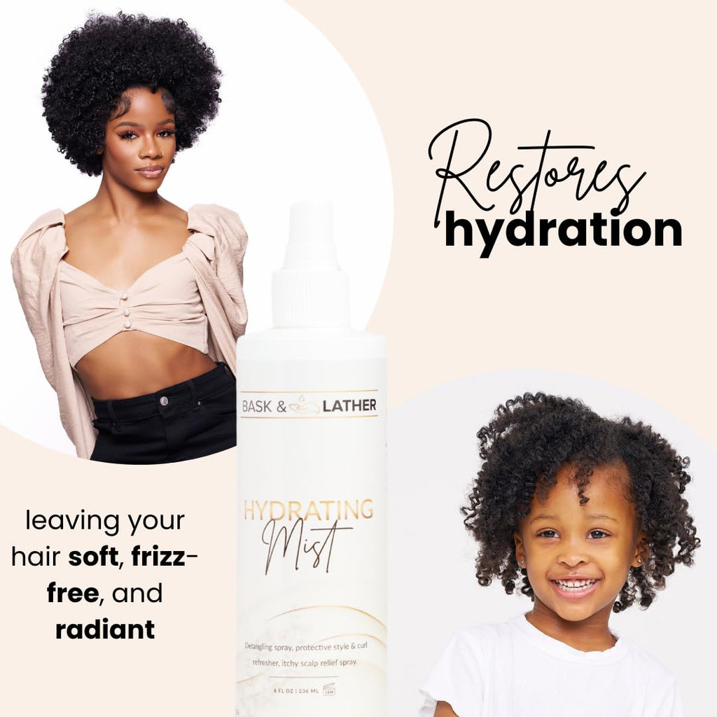 BASK & LATHER Hydrating Hair Mist, Leave-In Conditioner, Itchy Scalp Relief, Detangler, Curl Definer, Aloe Vera, Avocado Oil, For All Hair Types, 8 oz