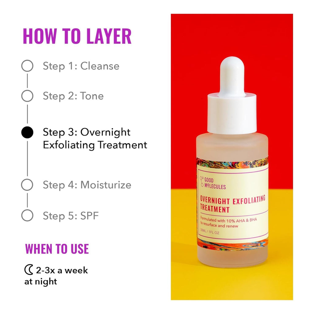 Good Molecules Overnight Exfoliating Treatment, AHA BHA, Pack of 3 | Resurfaces and renews the look of skin overnight with AHA and BHA. Use up to 3 nights a week with daytime SPF.