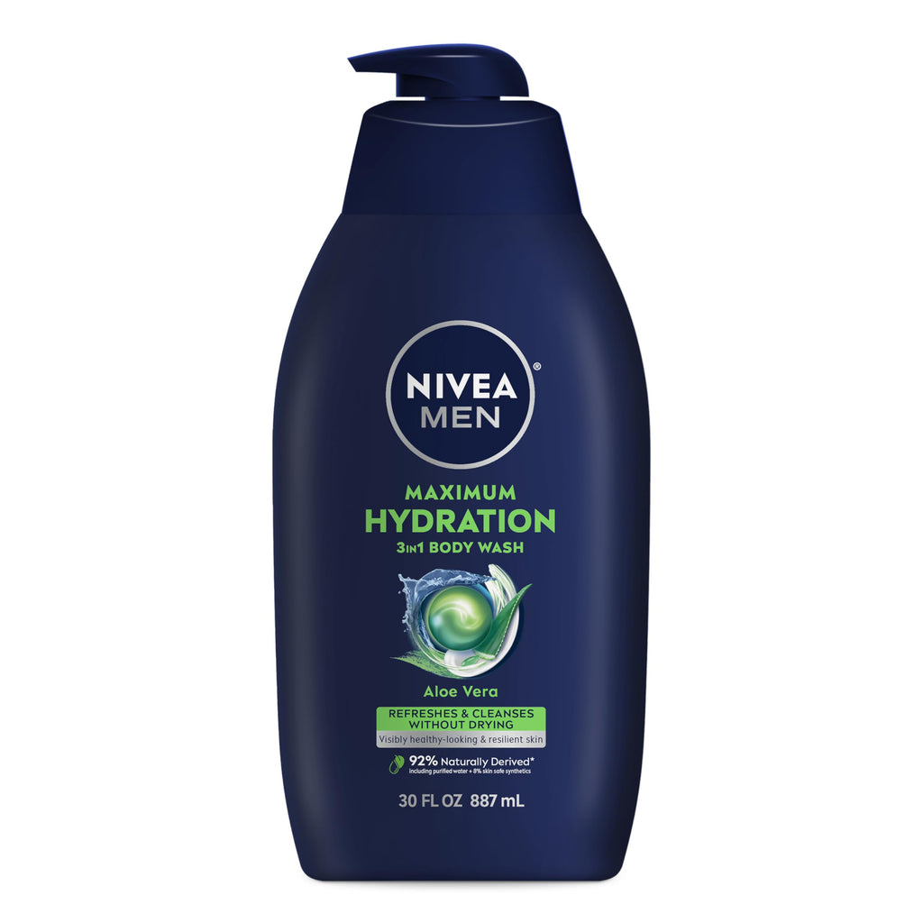 Buy now NIVEA MEN Maximum Hydration Body Wash for Dry Skin, Aloe Vera Enriched, 3-in-1 Moisturizing Body Wash, Face and Hair, Paraben Free, Vegan Formula, 16.9 Fl Oz Bottle, Pack of 3 at indiglob india