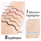 Showcasing 5 vibrant gel eyeliner pencil swatches, featuring rich colors and a shimmering highlighter. Perfect for natural looks.