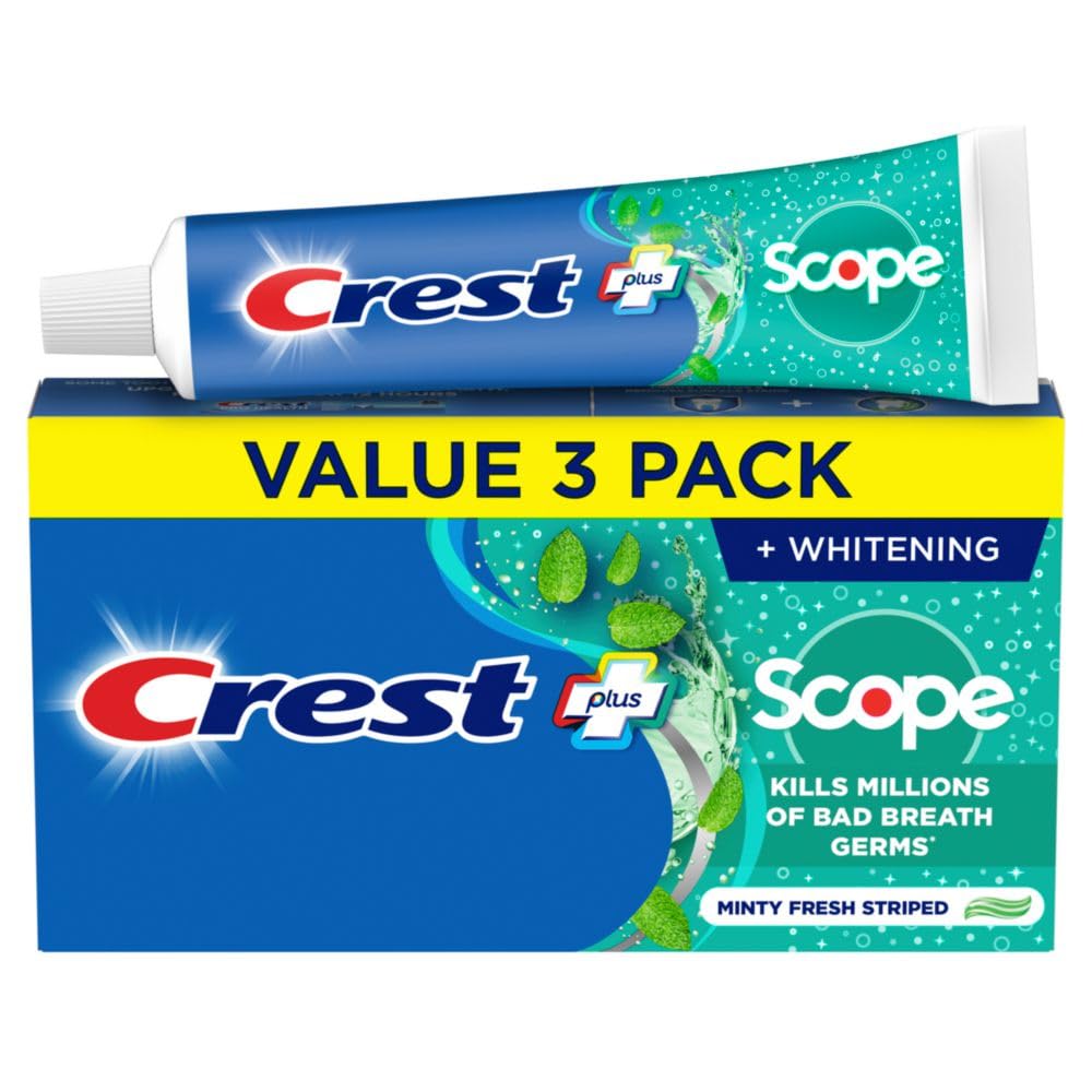 Buy now Crest + Scope Whitening Toothpaste - Pack of 3, 5.4 Oz Tubes - Anticavity Fluoride Toothpaste, Fresh Breath, Kills Germs - Tartar Protection, Enamel Protection - Minty Fresh Flavor Pack of 3 at indiglob india