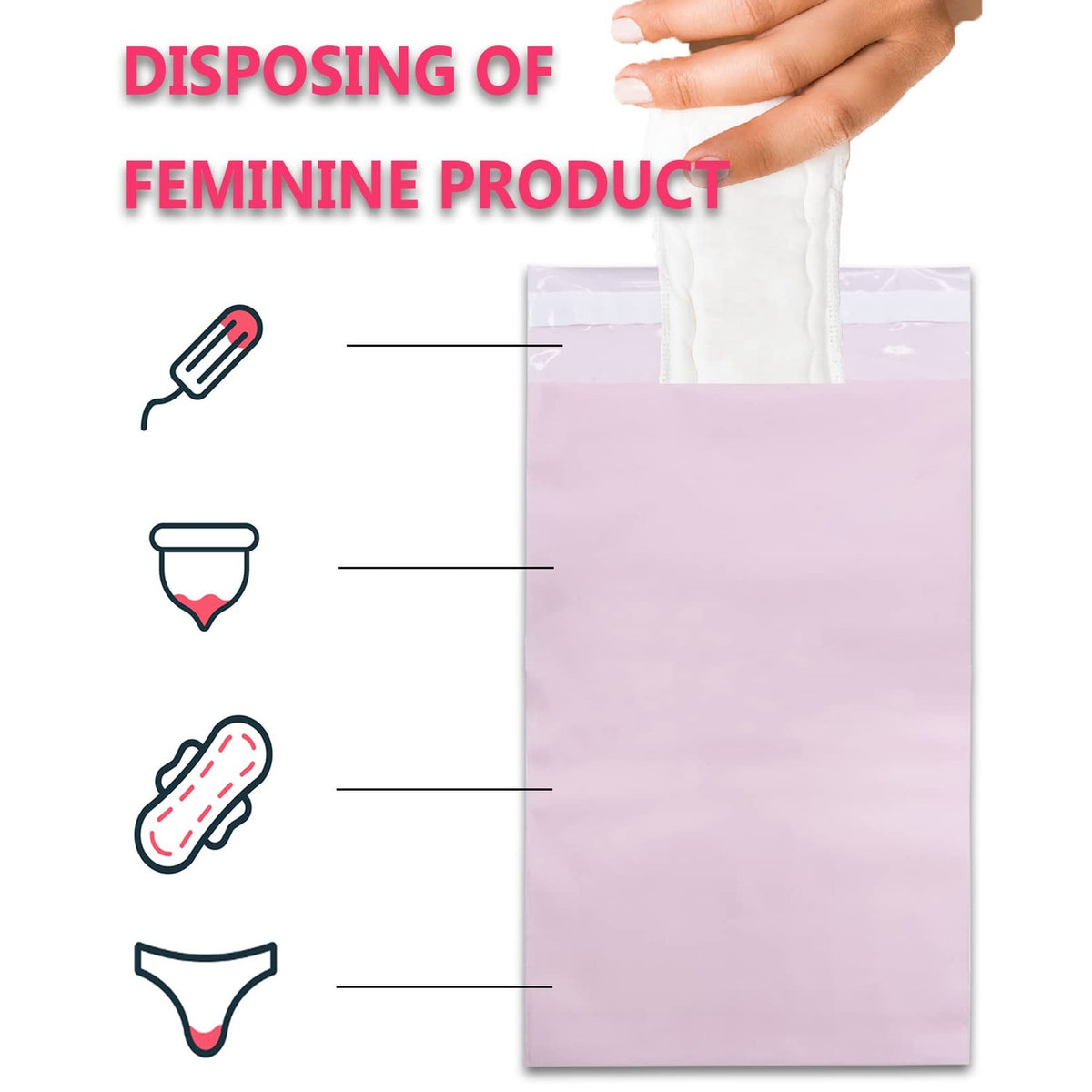 Sanitary Napkin Disposal Bags - Block Odors, Great Adhesion, Feminine Hygiene Disposal Bags for Tampons and Pads Pink 100Pcs