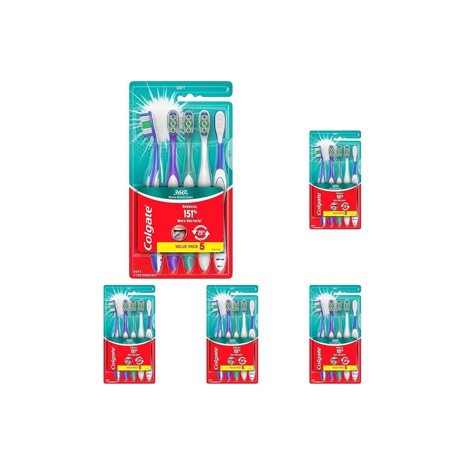 Buy now Colgate 360 Whole Mouth Toothbrush, Adult Toothbrushes Medium Bristles, Helps Remove Bad Breath Bacteria and Plaque, Medium Toothbrush Pack, Includes Cheek and Tongue Cleaner, 4 Pack 5 Count (Pack of 5) Soft at indiglob india