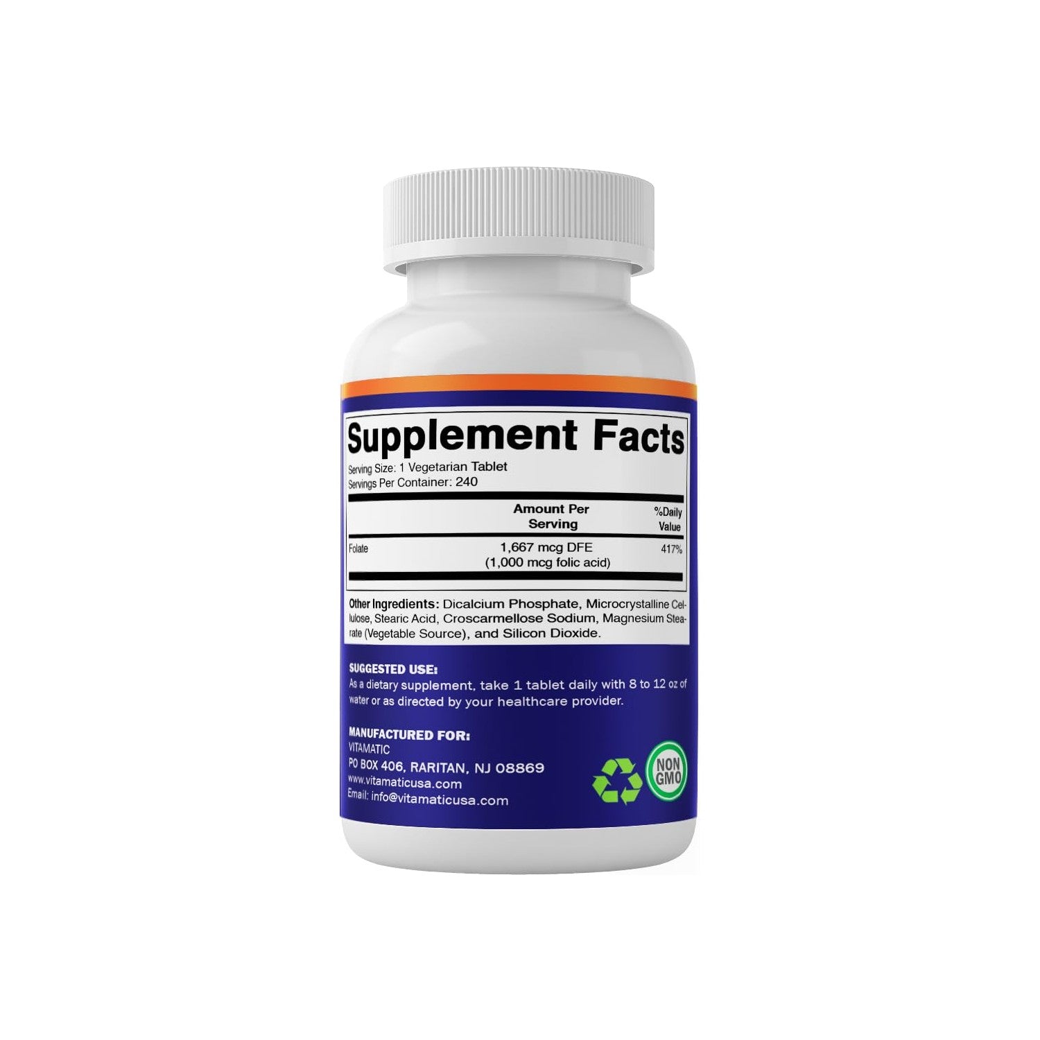 Vitamatic Folic Acid 1000 mcg (1 mg), 240 Vegetarian Tablets | Vitamin B9 | 1667 mcg DFE Folate, Support Healthy Cell Growth*, Red Blood Cell Formation*, Gluten Free, Non-GMO, Made in USA
