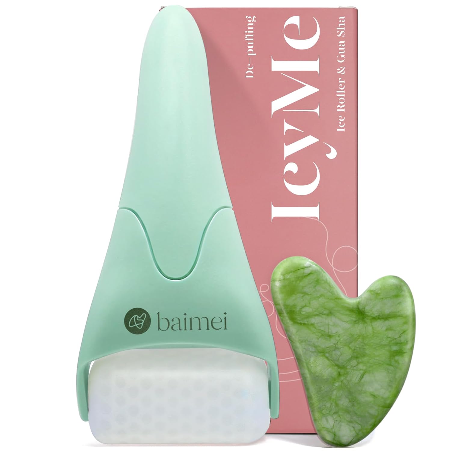 Buy now BAIMEI IcyMe Ice Roller for Face and Gua Sha Facial Tool Set, Ice Face Roller Reduces Puffiness Relieves Migraines Skin Care Tools, Self Care Gift for Women - Pink Dark Green at indiglob india