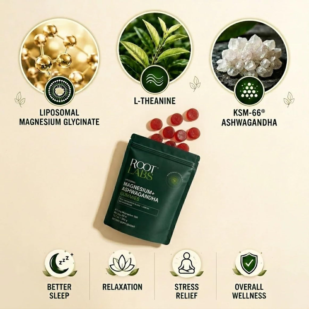 ROOT LABS Magnesium Glycinate Gummies 675mg | Ashwagandha, L-Theanine | Stress Relief, Sleep Support & Recovery | 60 Gummies