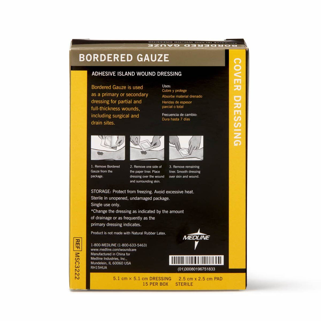 Medline Bordered Gauze, 2" x 2" Adhesive Island Wound Dressing, Sterile, 15 Count