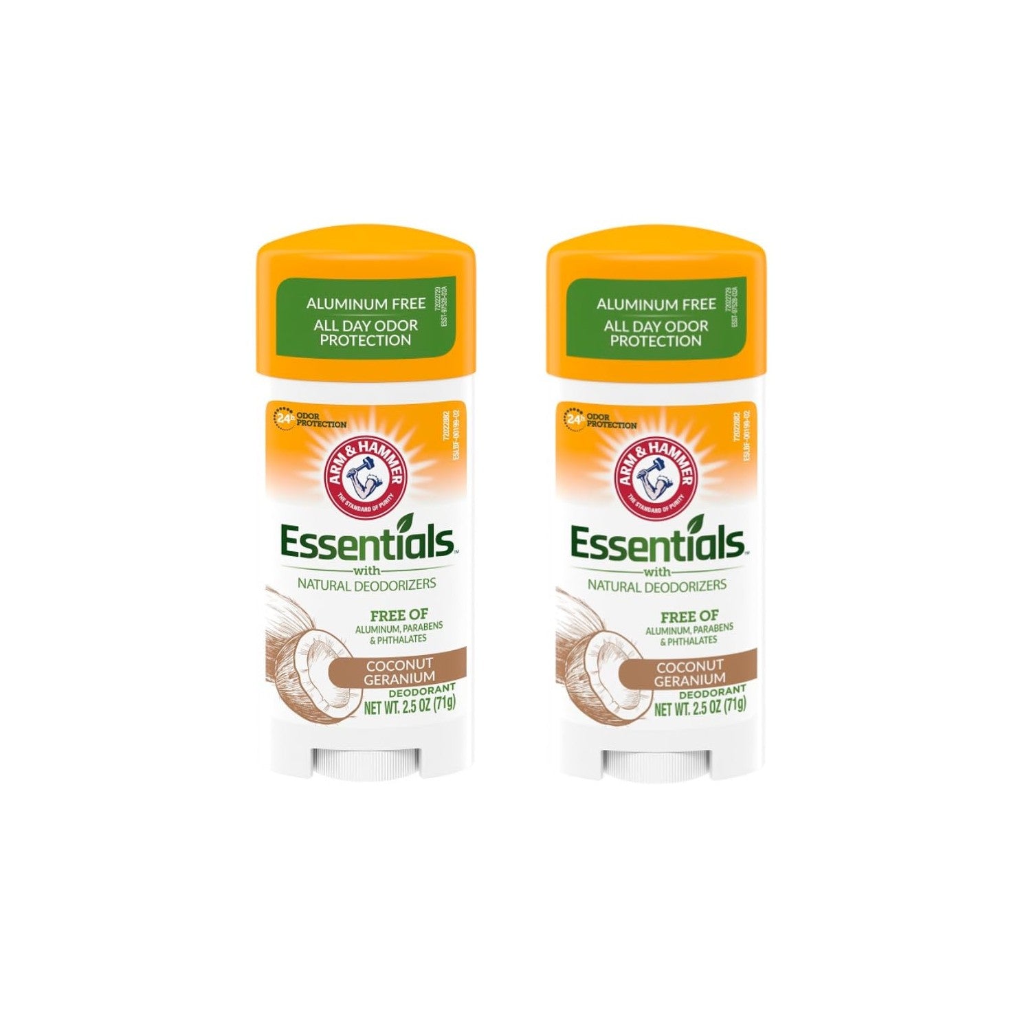 ARM & HAMMER Essentials Deodorant - Made with Natural Deodorizers - Coconut Geranium - Free From Aluminum, Parabens & Phthalates, 2.5 oz (Pack of 3)