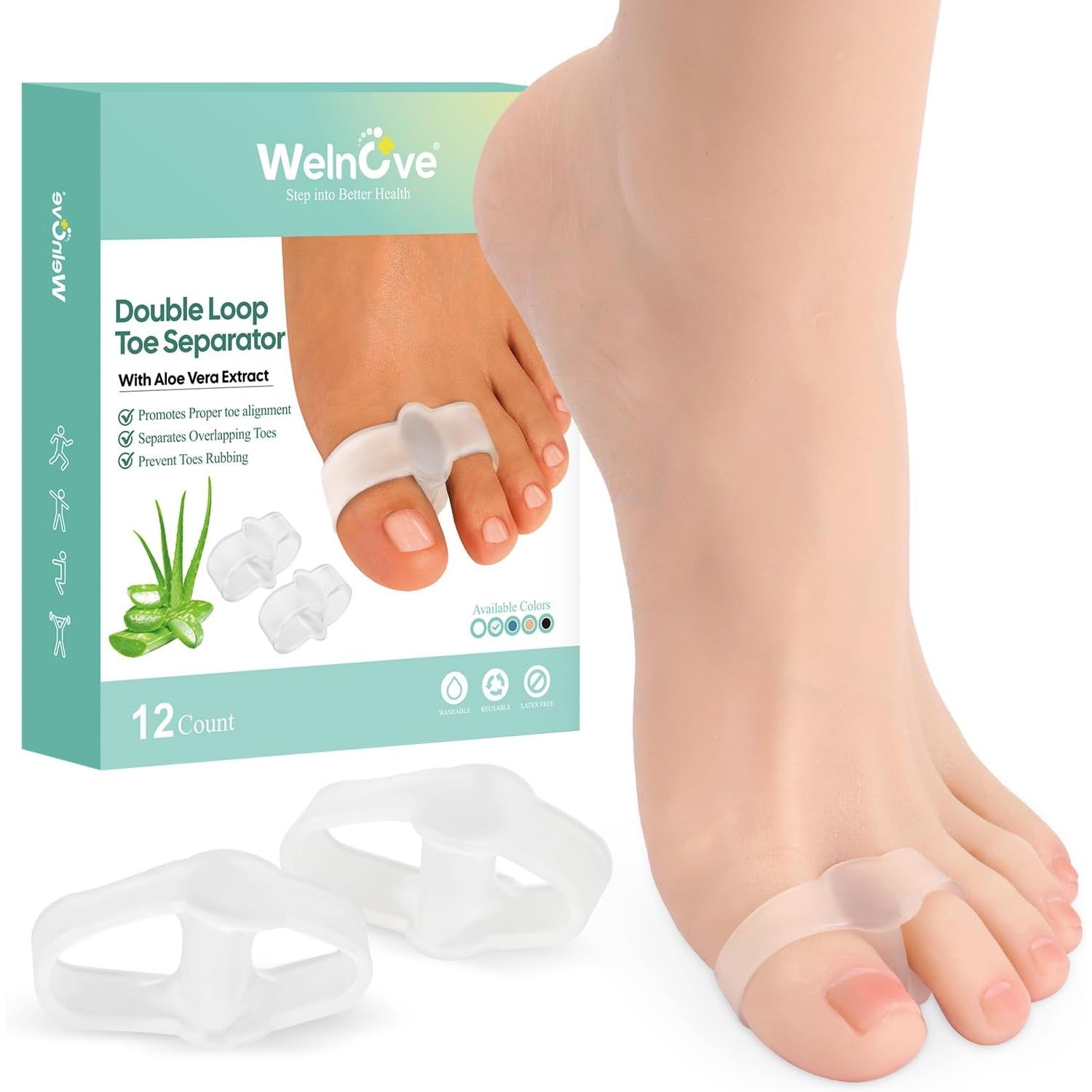 Buy now Welnove Pack of 12 Bunion Corrector, Toe Separators with 2 Loops, Big Toe Spacer Suitable for Bunion and Overlap Toe (White) Clearï¼ˆAloe Extractï¼‰ at indiglob india